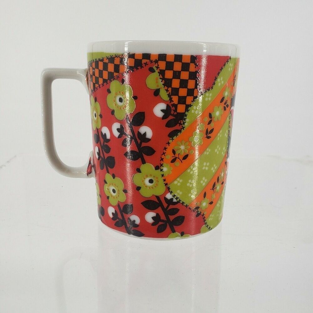Vintage Japan Ceramic Mug With Patchwork Floral Design Red & Green Colors 10 Oz